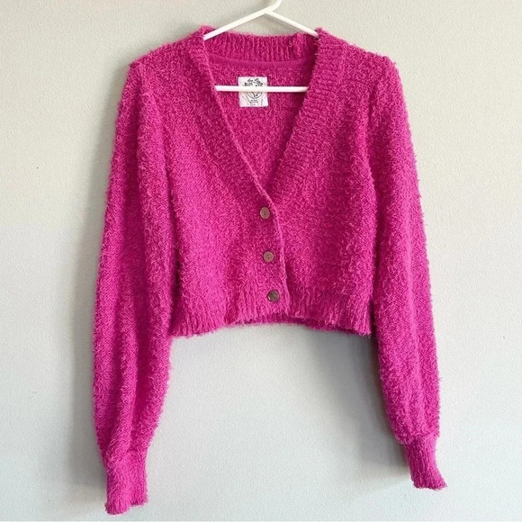 Free People We The Free Bright Pink Fuzzy Button Up Cropped Cardigan Fuscia S - Picture 3 of 11